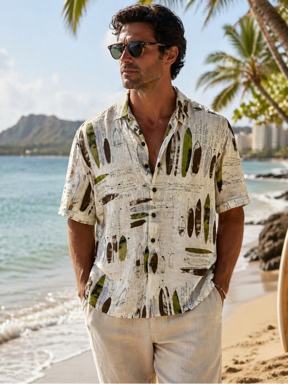 Kahala 1936 Green Shaping Room shell beige Hawaiian Shirt sz L linen blend surf